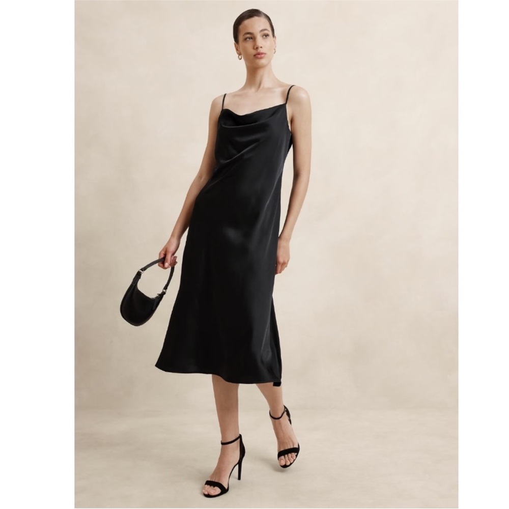 NWT Black Silk Style Cowl Carolyn Bessette Style Midi Dress Size S